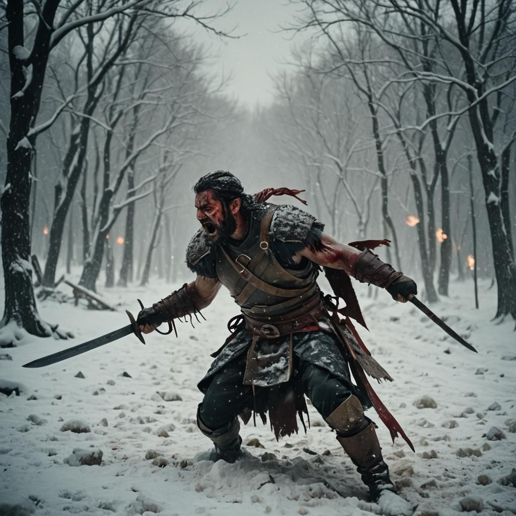 Furious Warrior Battles in Frozen, Cinematic Landscape