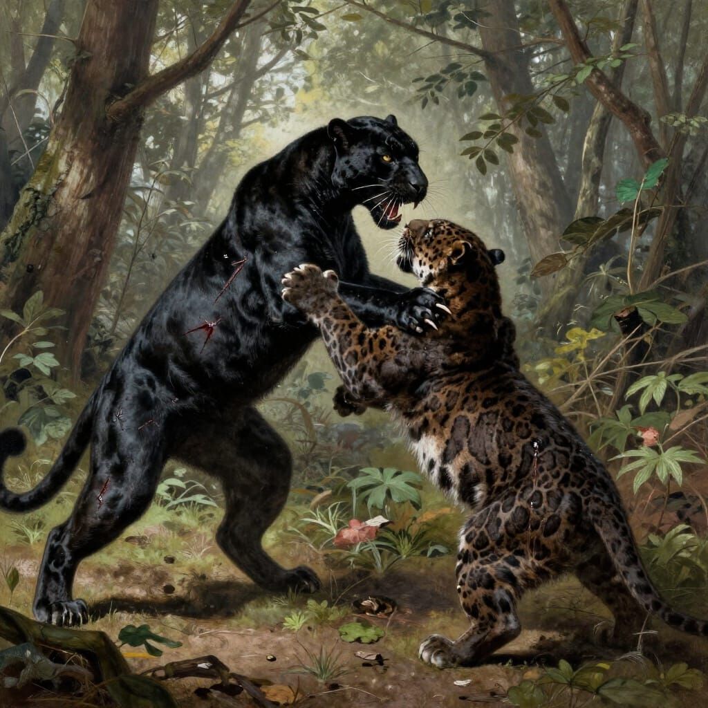 Panther Battle in Dark Woods in Horror Style