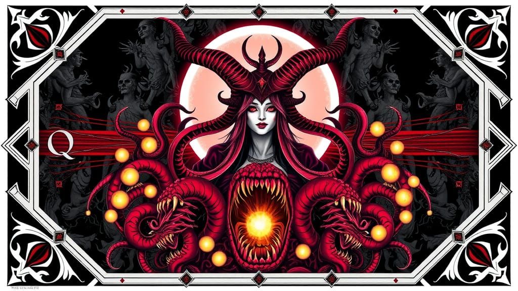 Ethereal Queen of Diamonds Card in Cosmic Horror Style