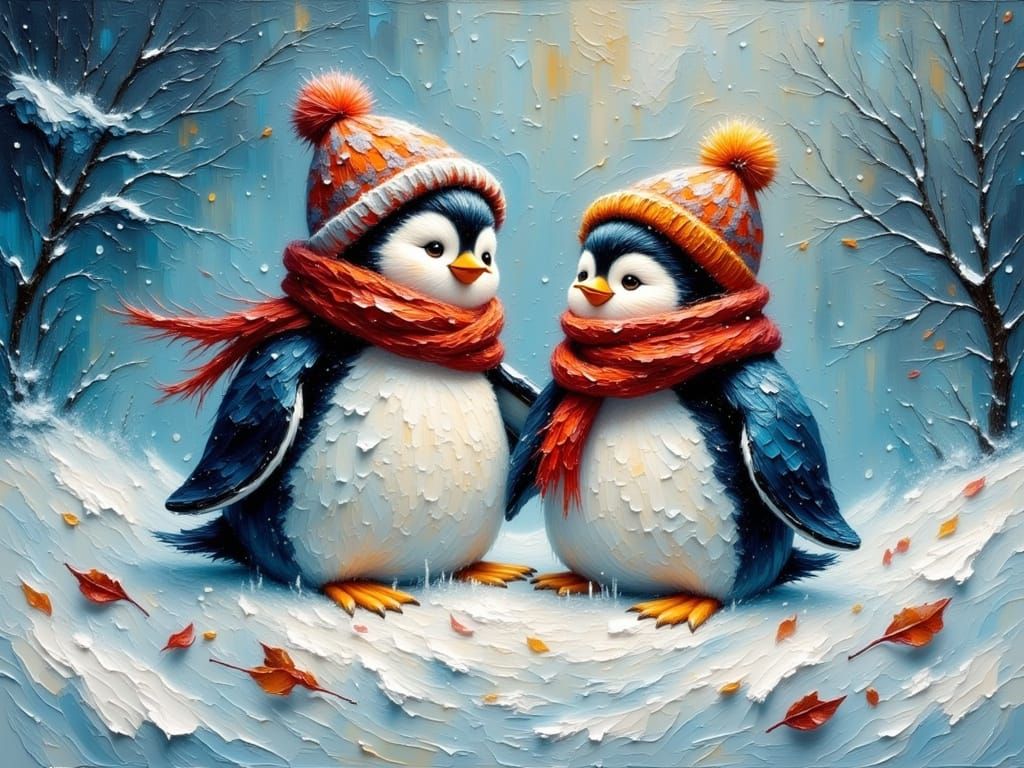 Penguins in Winter Apparel as Impasto Painting