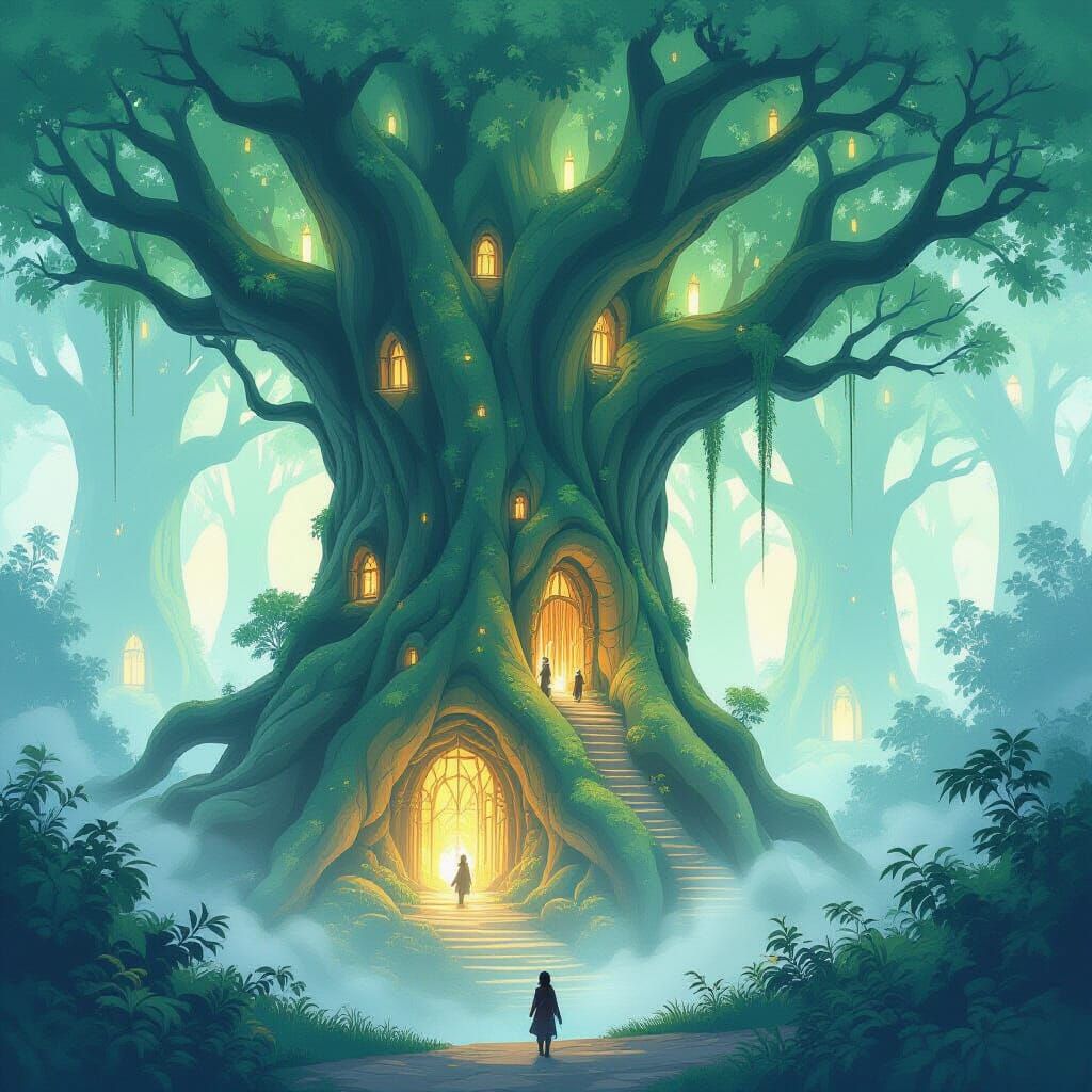 Ethereal Tree City Glowing with Magical Mist