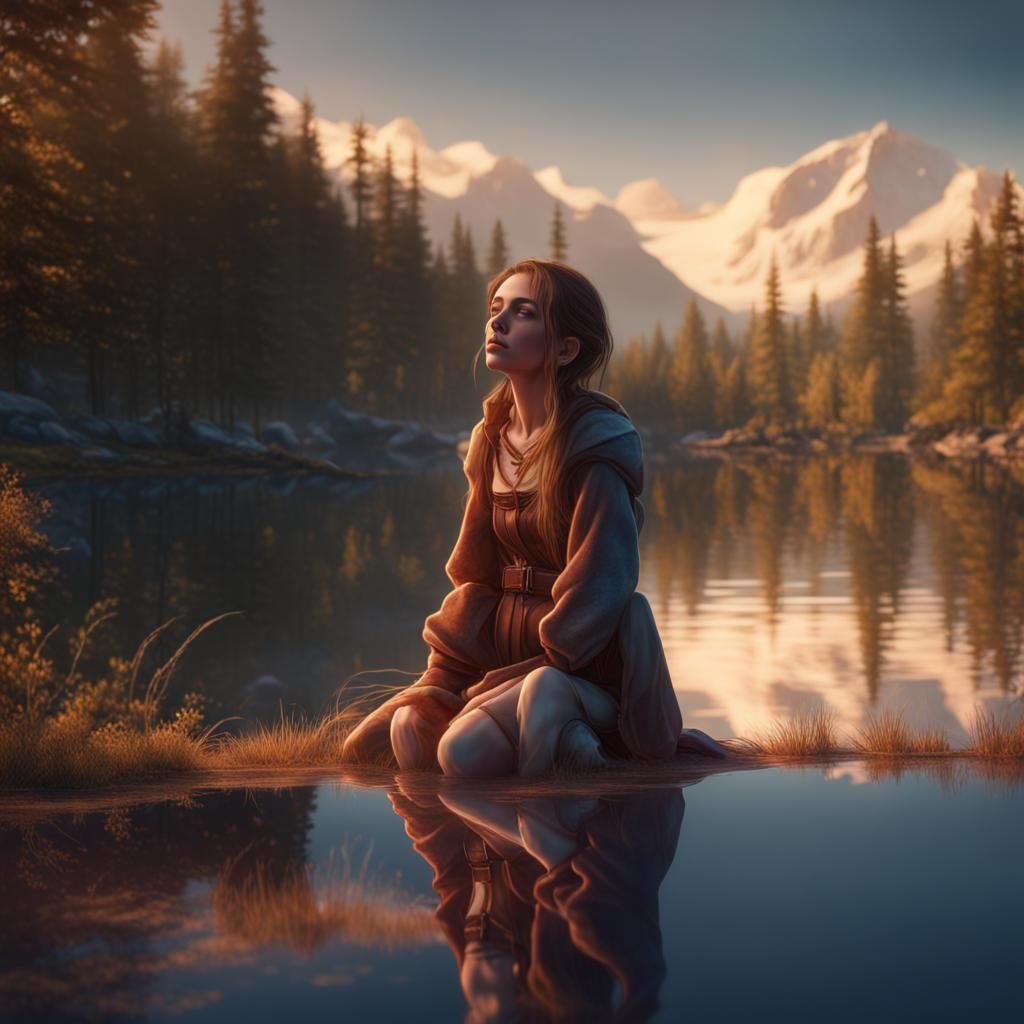 Teenage Girl Gazing into Lake Reflection: Fantasy Art