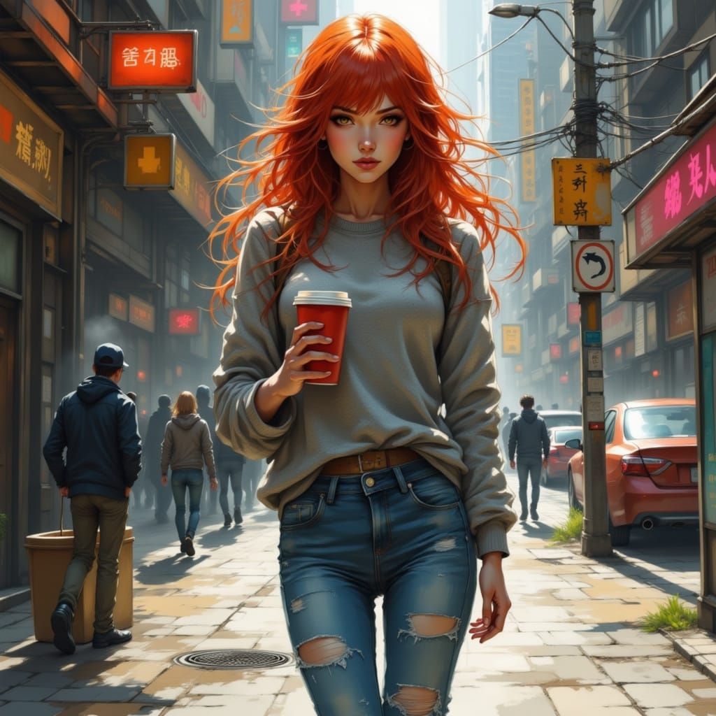 Anime Woman in Cityscape with Painterly Textures