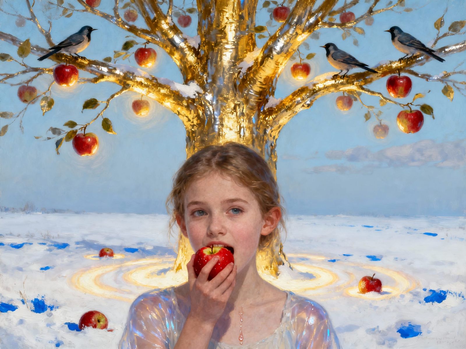 Girl Bites Golden Apple Under Snowy Tree