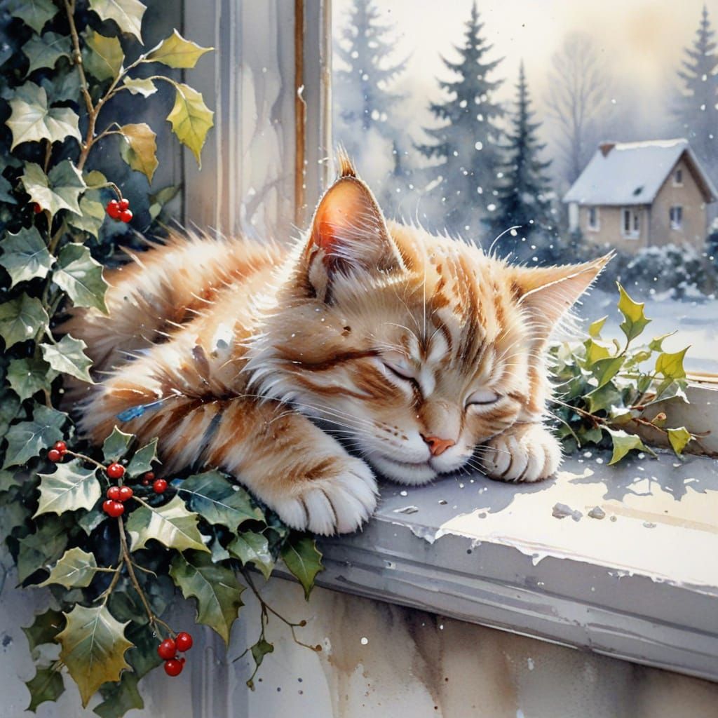 Cute Tabby Kitten Sleeps on Snowy Window Ledge