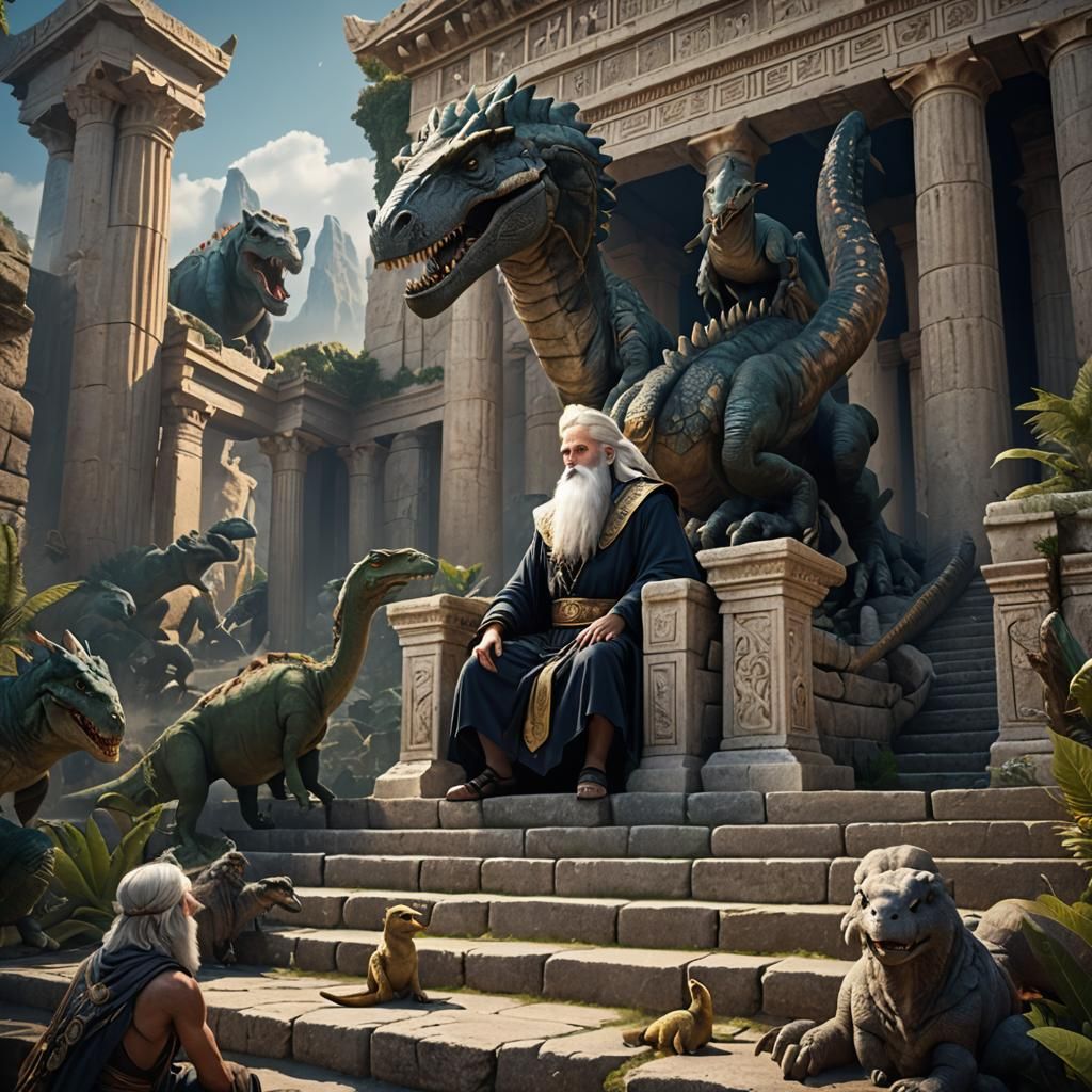 Ancient Guru and Dinosaurs: Detailed Matte Painting