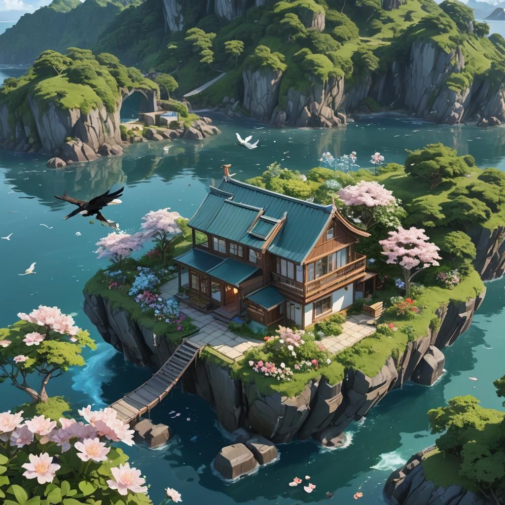 Glass House on Island: Anime-Inspired 3D Art