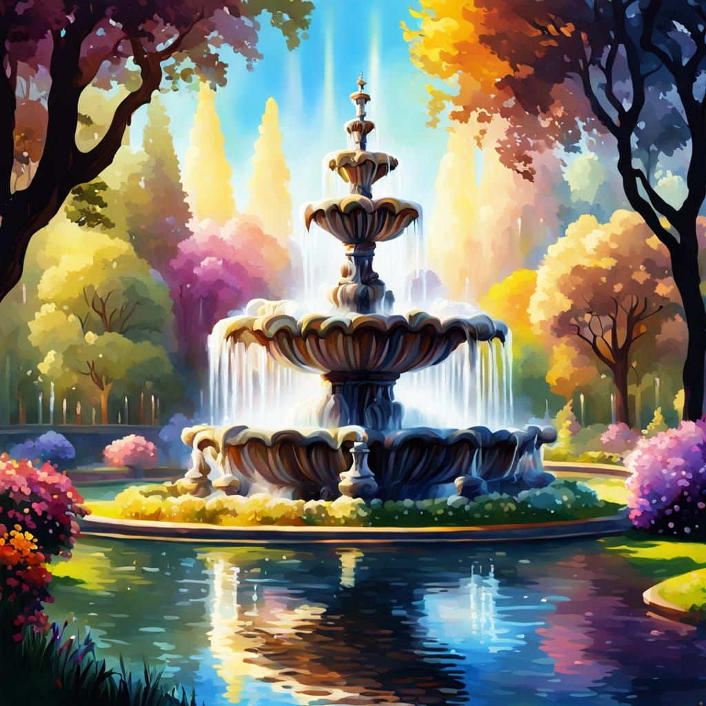 Baroque Garden Fountain in Vibrant Oil Painting