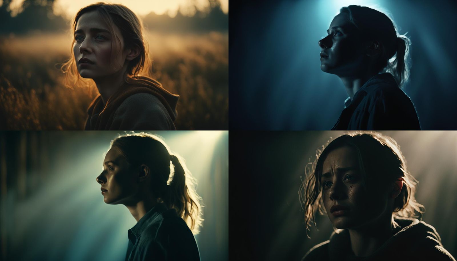 Emotional Woman Emerges from Shadow: Cinematic Film Still