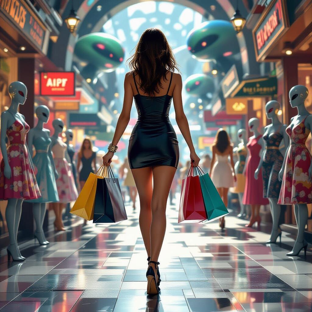 Hyperrealistic Woman Shopping on Alien Mars Marketplace