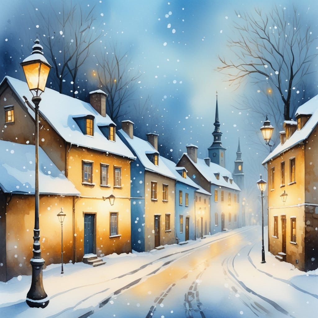 Snowy European Town Aglow with Warm Golden Light