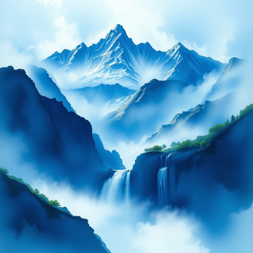 Dreamy Blue Mountain Landscape with Delicate Waterfalls