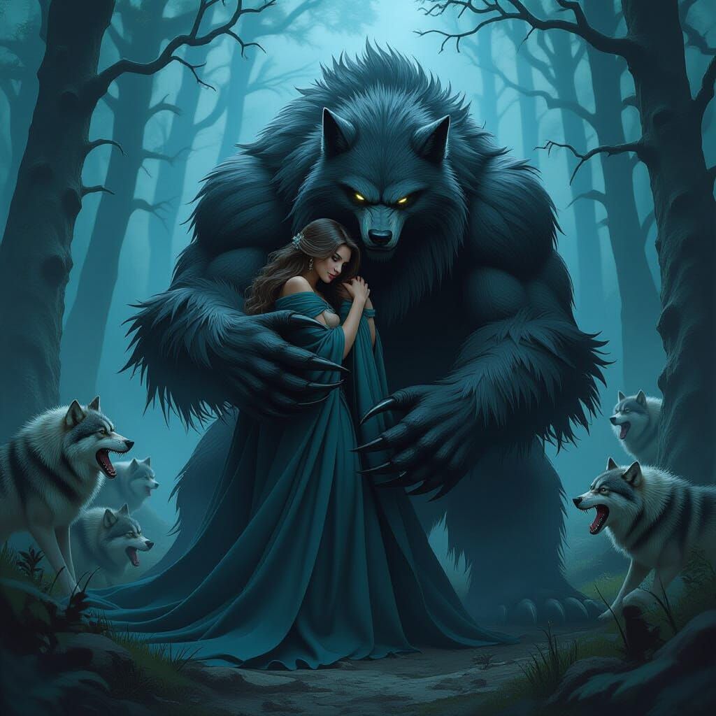 Woman Protected by Creature in Misty Forest, in Fantasy Art ...