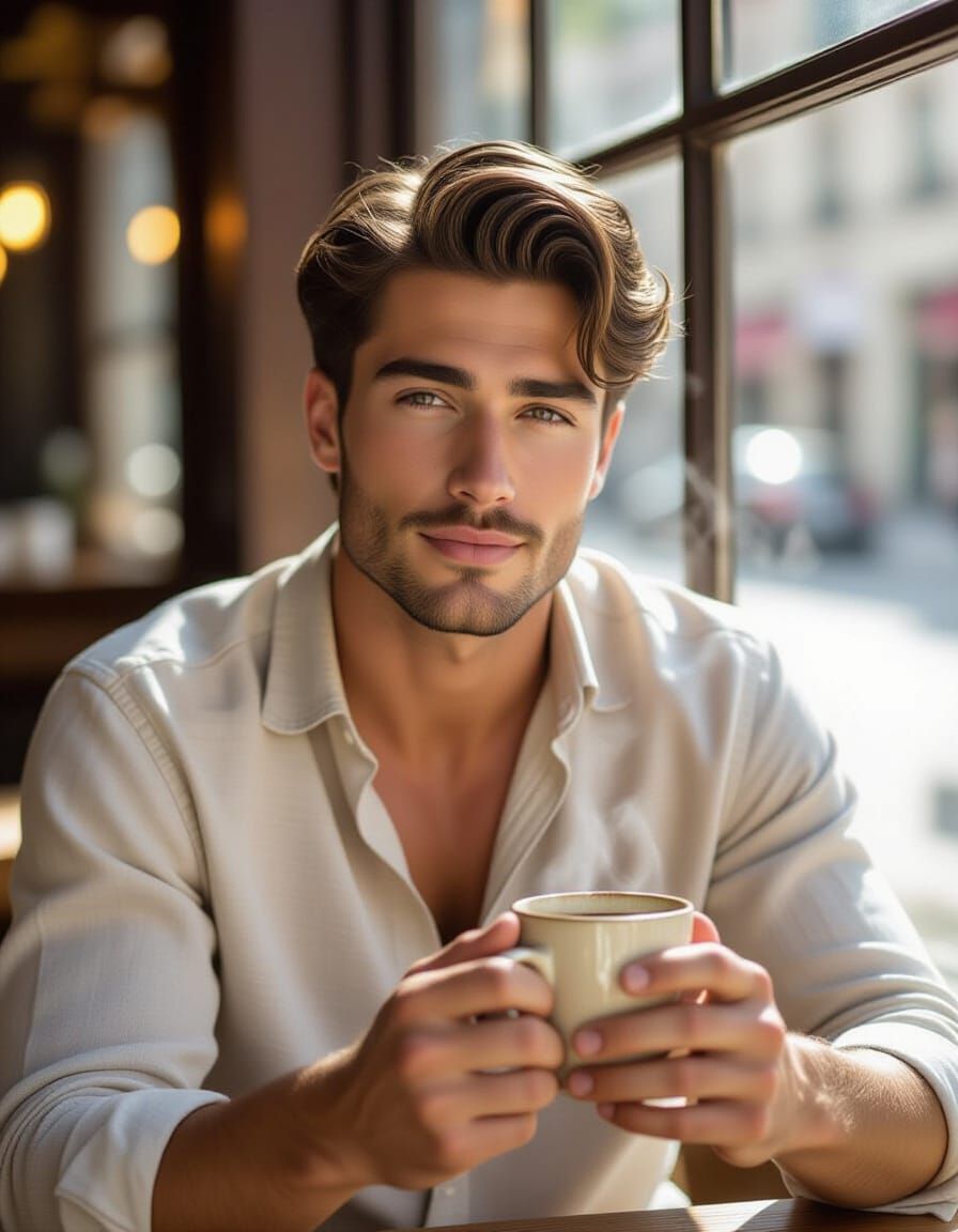 Handsome Man Personifies Coffee in Golden Morning Light