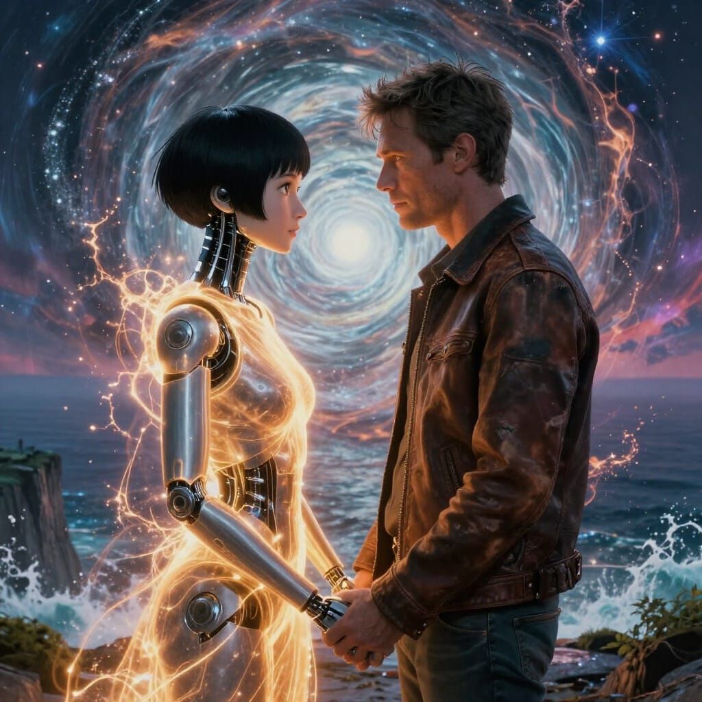Romantic Cinematic Shot of Man and Android at Singularity's ...