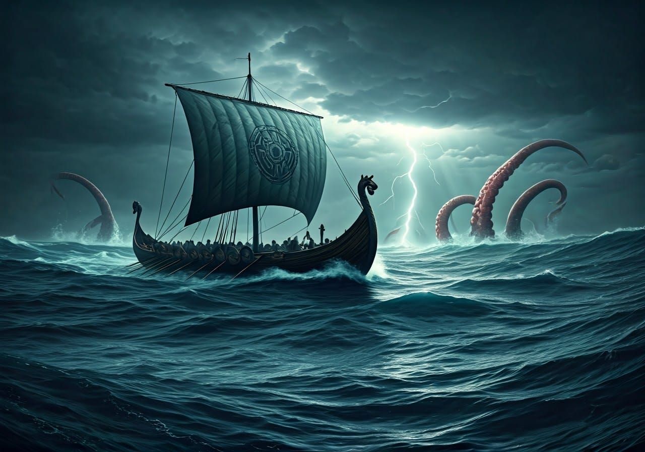 Viking Longship Battles Kraken in Ferocious Storm