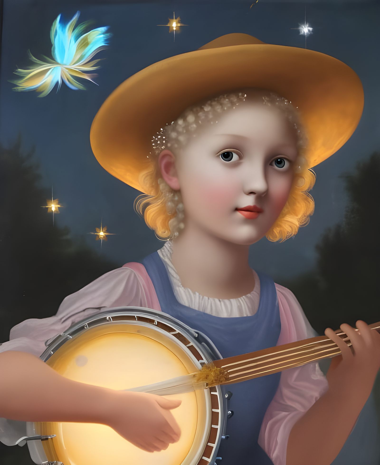 Blond Girl Plays Banjo in Leonardo da Vinci Style