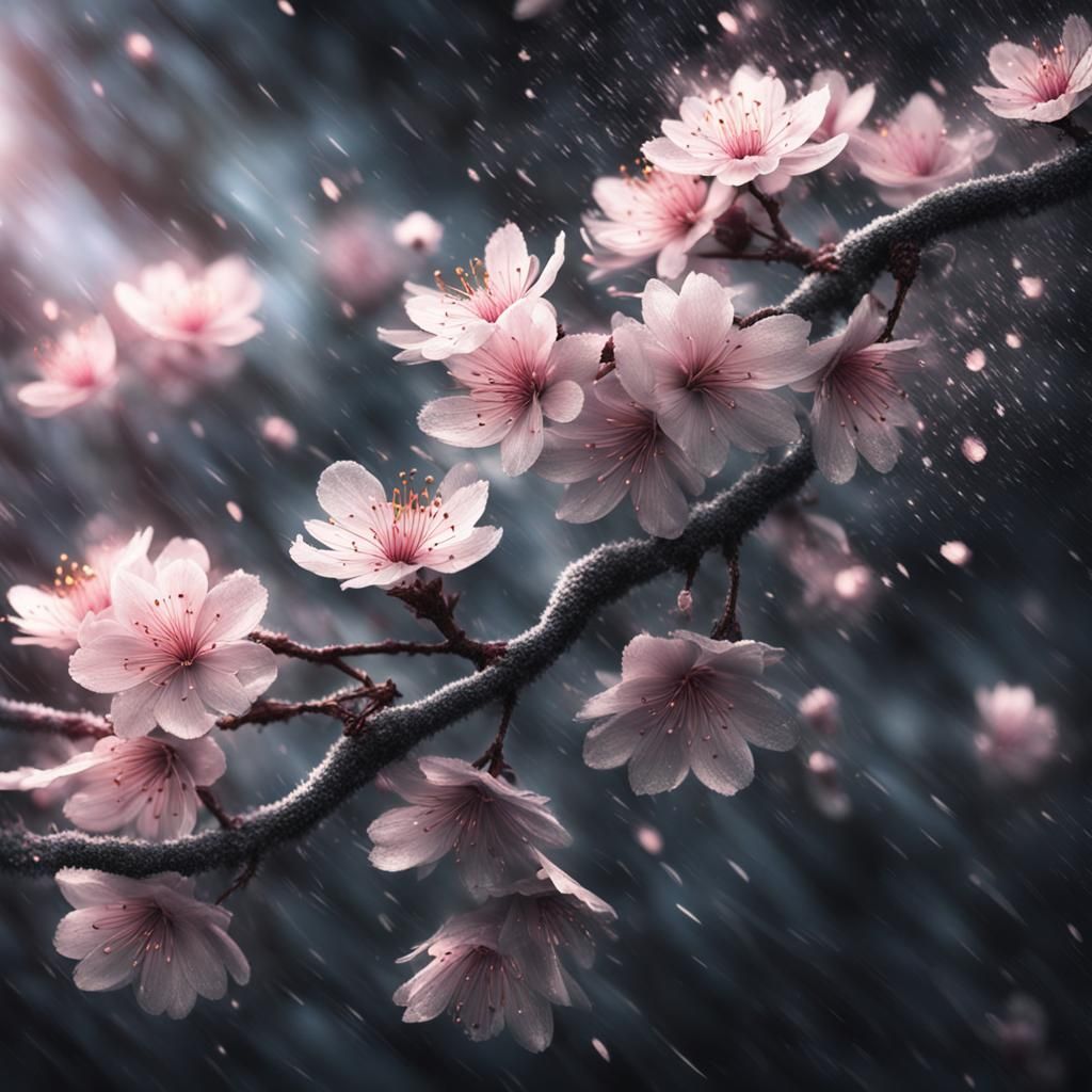 Epic Charcoal Sakura Flower Fantasy Illustration