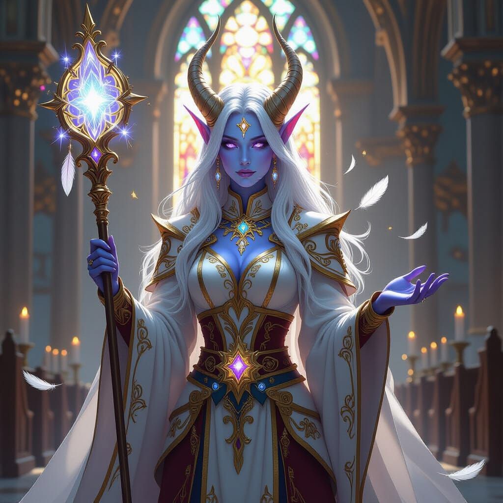 Draenei Priestess in Cathedral, Fantasy Art Style