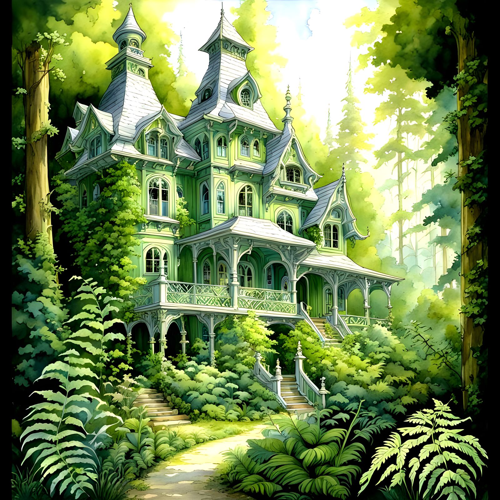 Bright White iridescent fantasy fairy victorian mansion, bea...