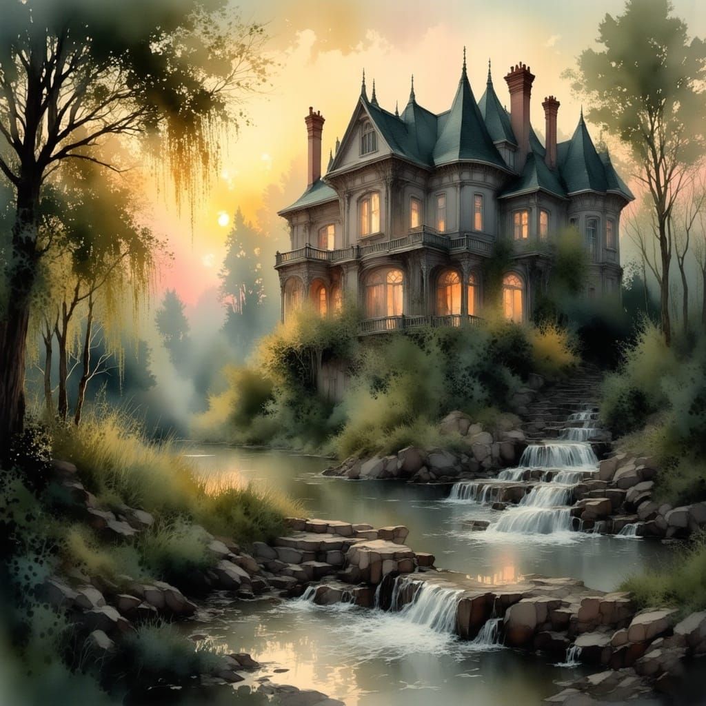 Elegant Victorian Mansion Silhouette at Sunset