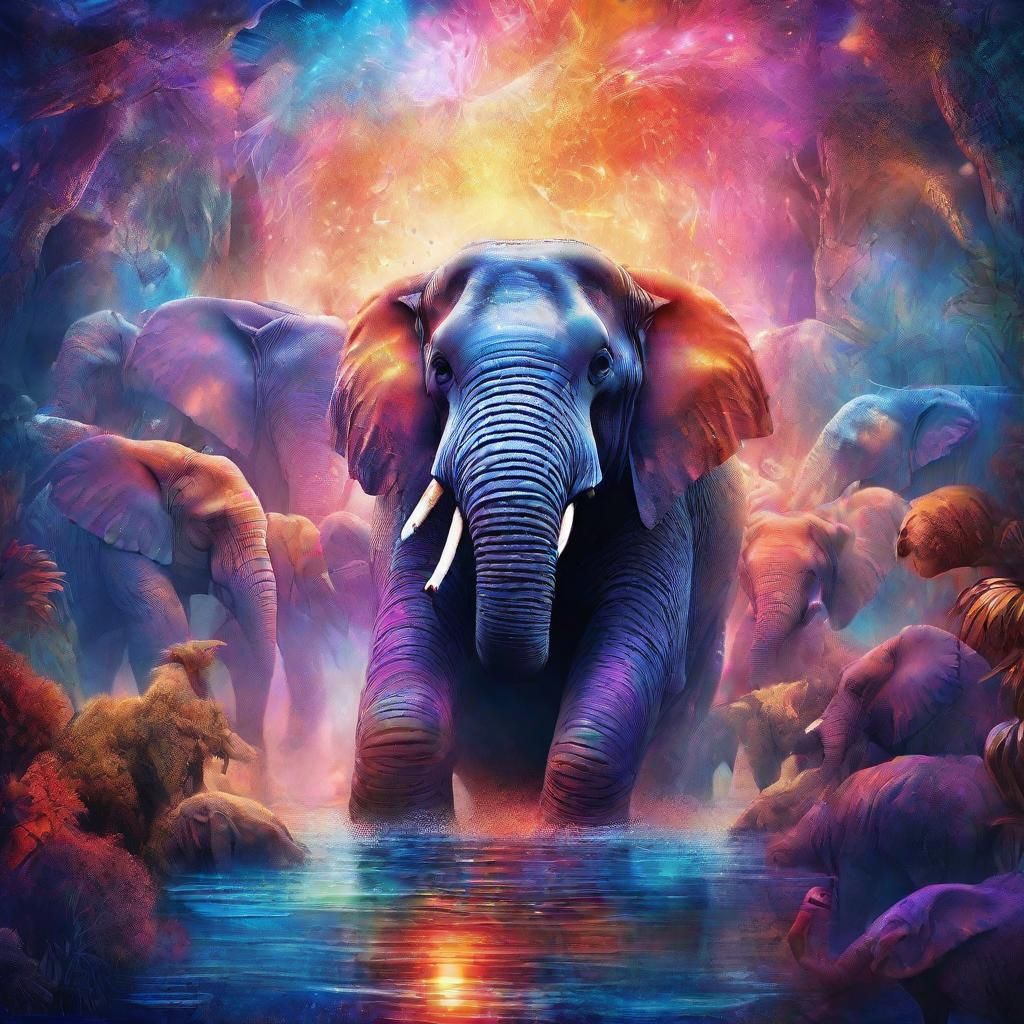 Cosmic Elephant Sauna: A Digital Painting in Amaringo Style