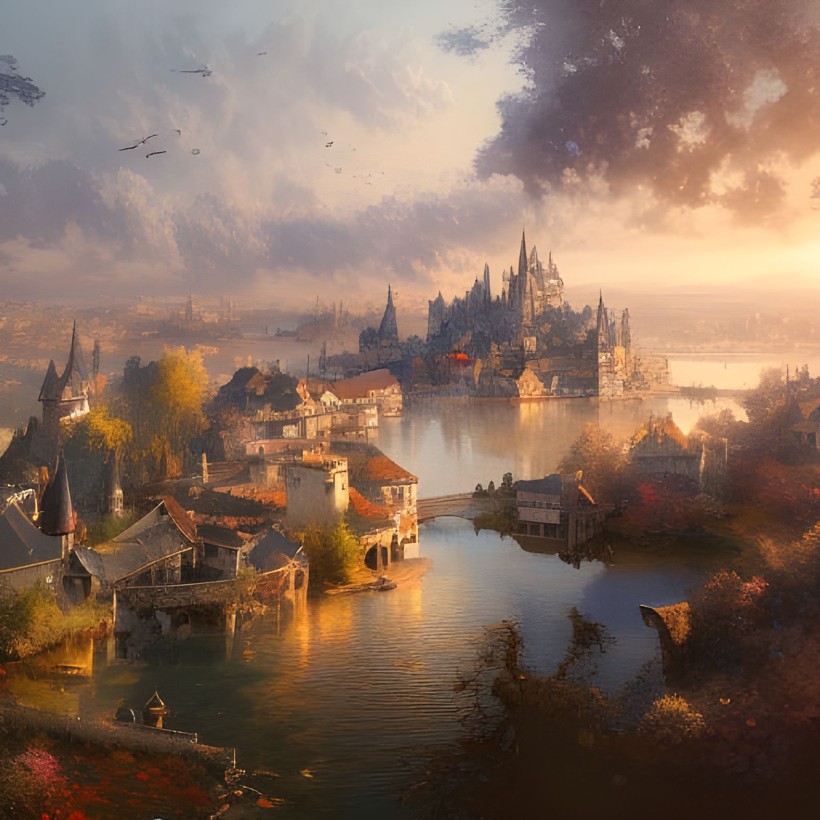 Medieval Castle Town by Lake: Detailed Art