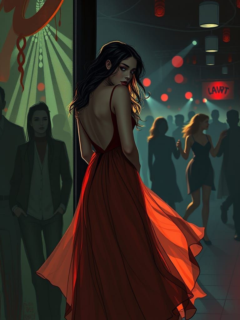 Melancholic Woman in Dance Club: Art Nouveau Sketch