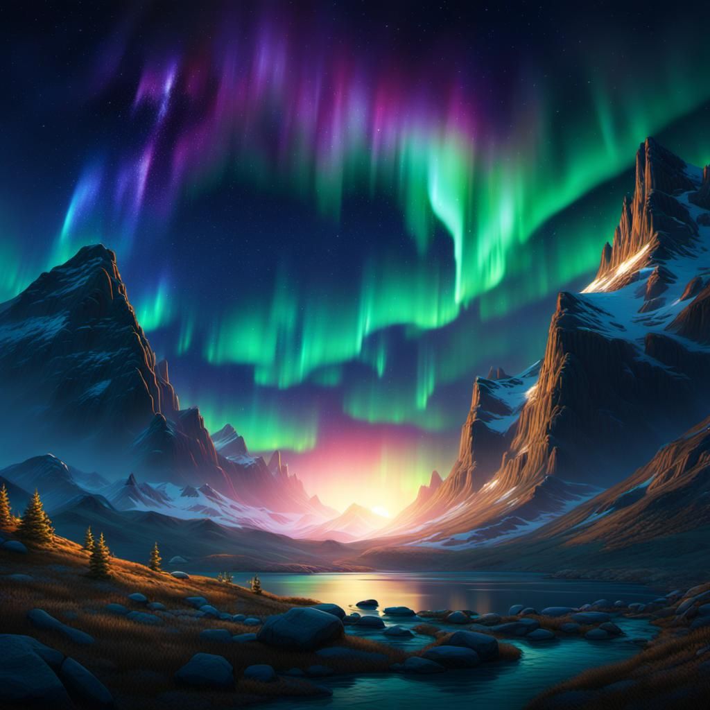 Fantastical Northern Lights Starry Sky, Digital Art