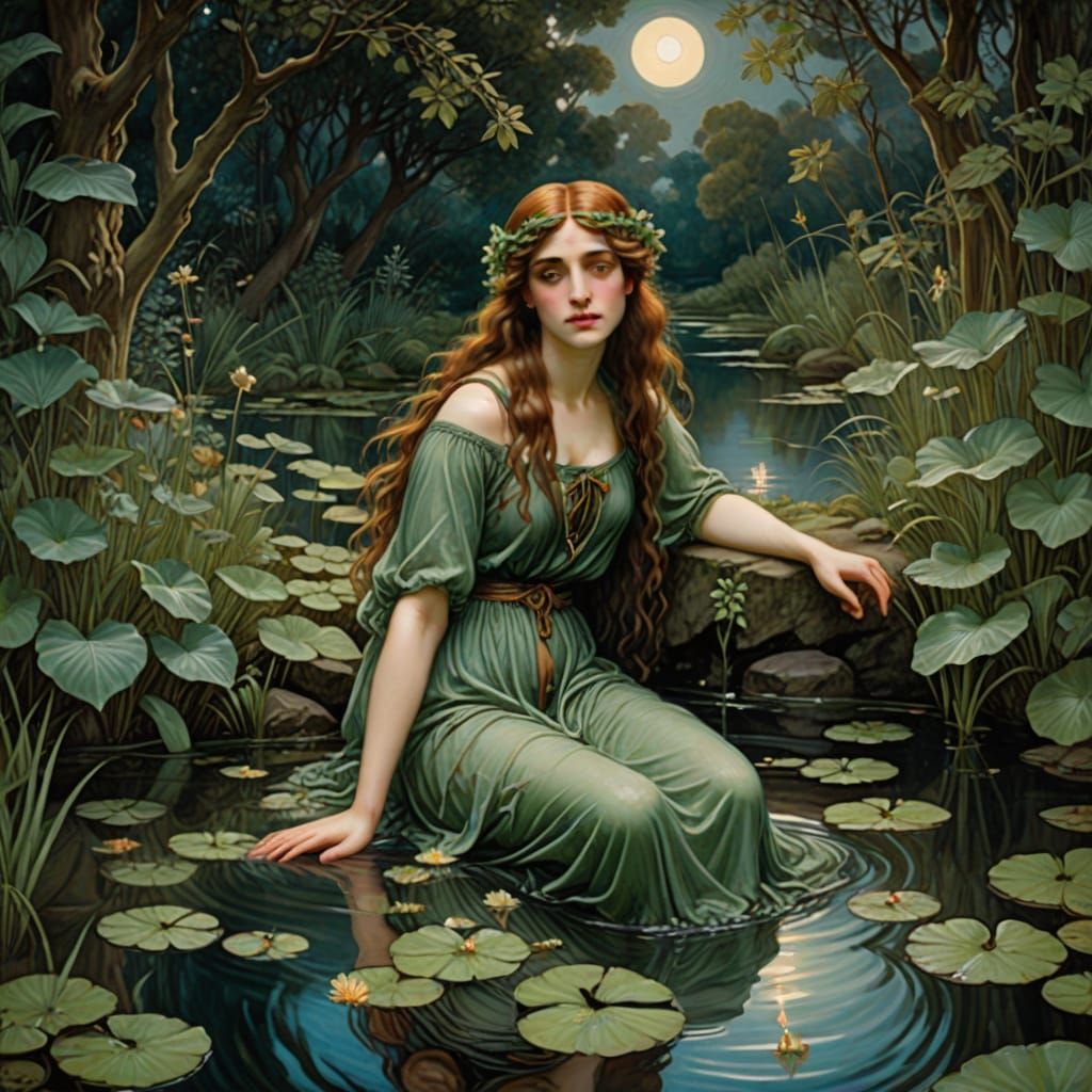 Water Nymph in Lush Greenery and Moonlight, Pre-Raphaelite S...