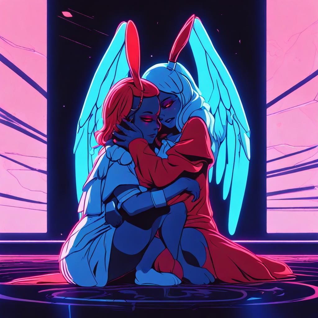 Angel and Devil Bunnies Embrace in Neon Retro Style