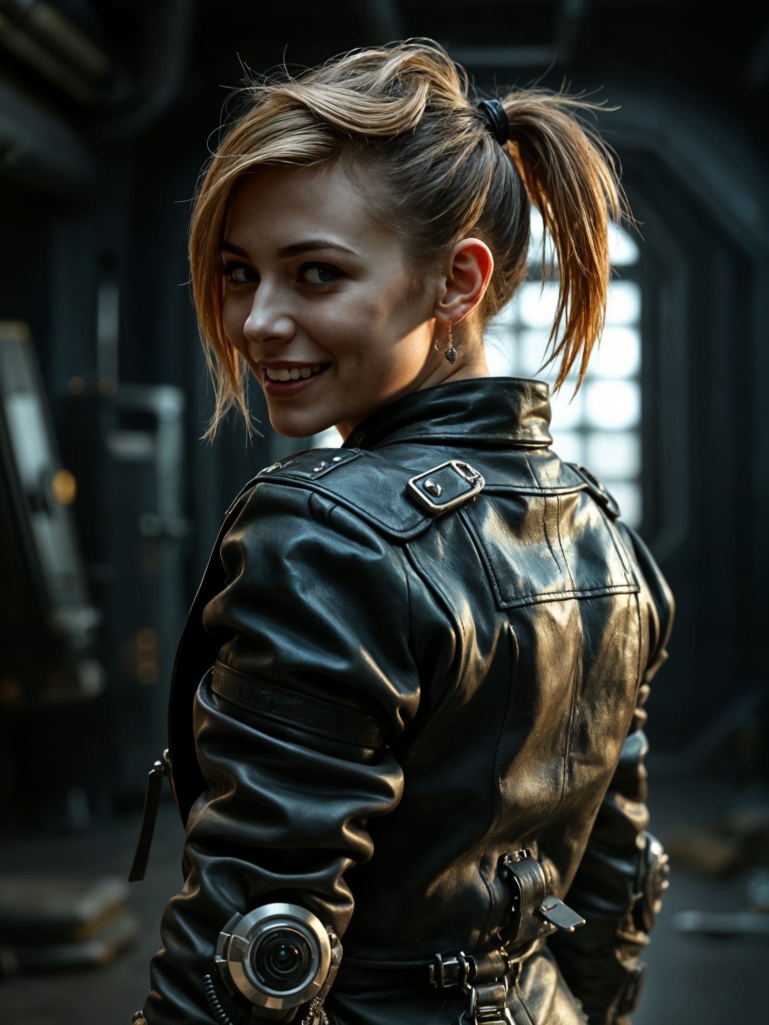 Female Cyborg Soldier in Dark Sci-Fi Interior