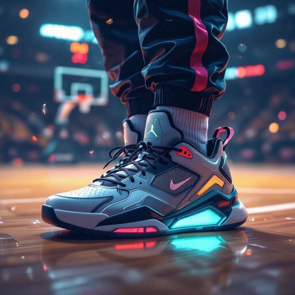 Futuristic Sneakers on Basketball Court in Concept Art Style