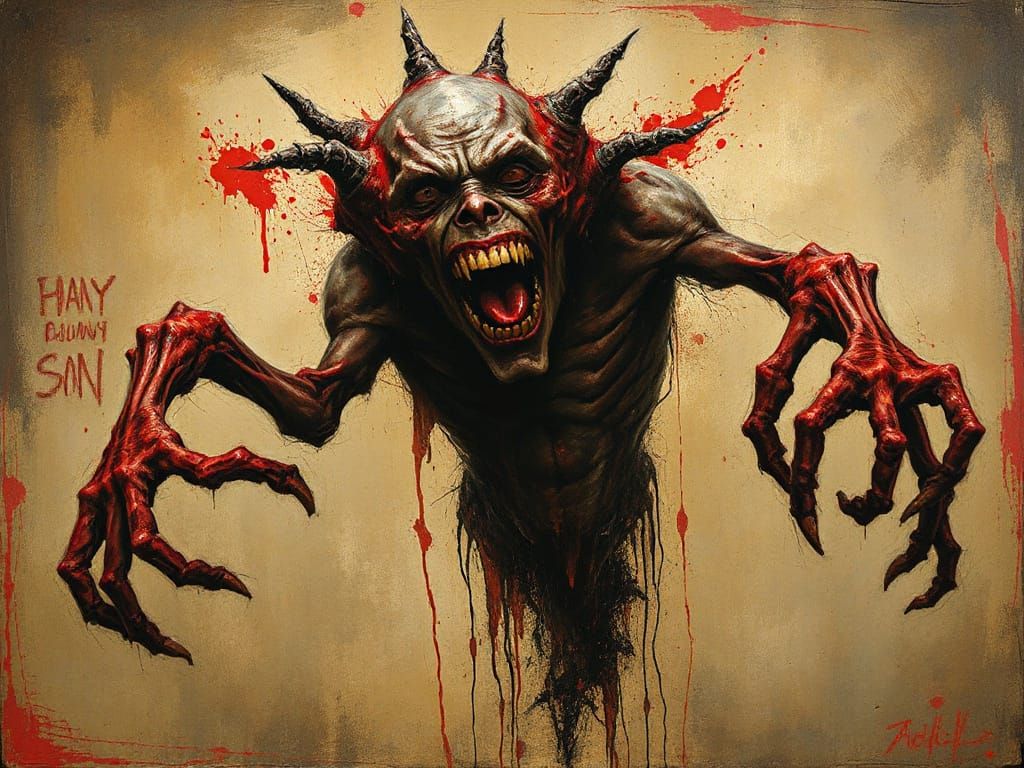 Anguished Creature with Screaming Faces, Expressionist Art