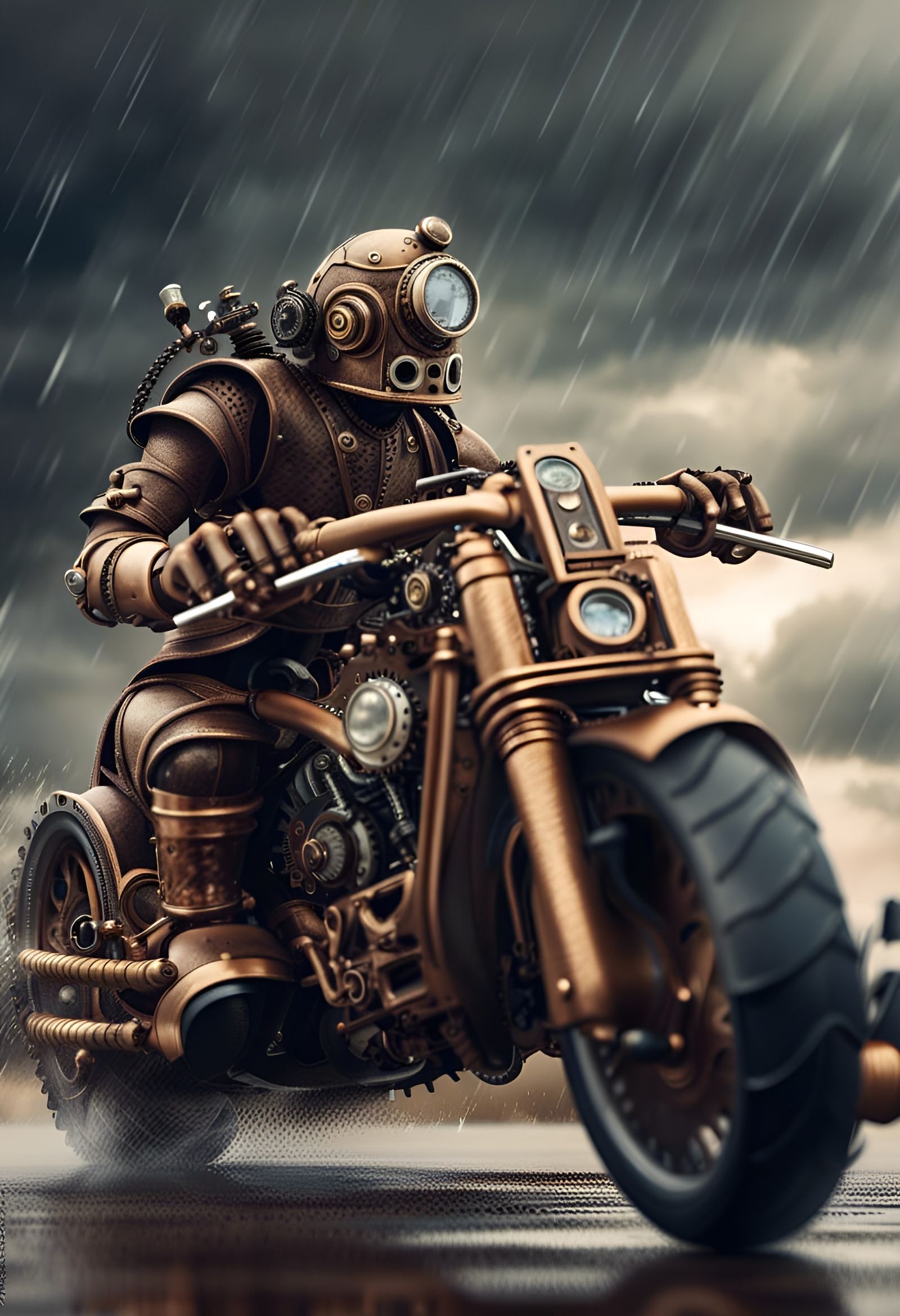 Steampunk Robot Biker in Stormy City