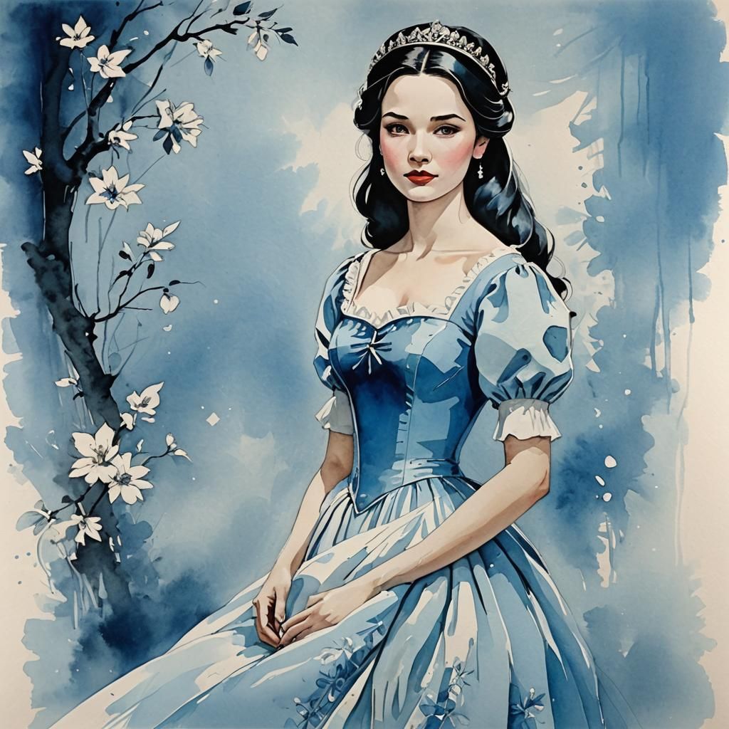 Snow White in Light Blue Dress: Modern Ink Painting