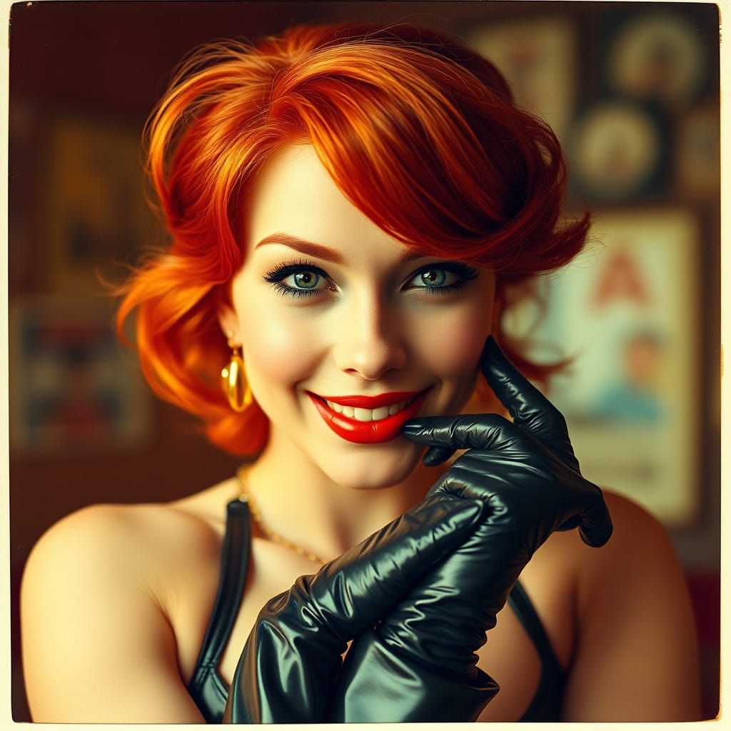 Confident Redhead Pin-Up in Vintage Polaroid Style