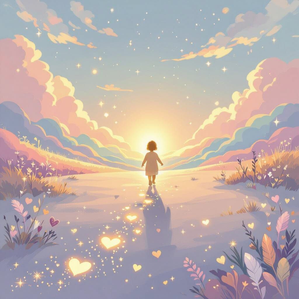 Glowing Footprints on Pastel Landscape with Hopeful Child Si...