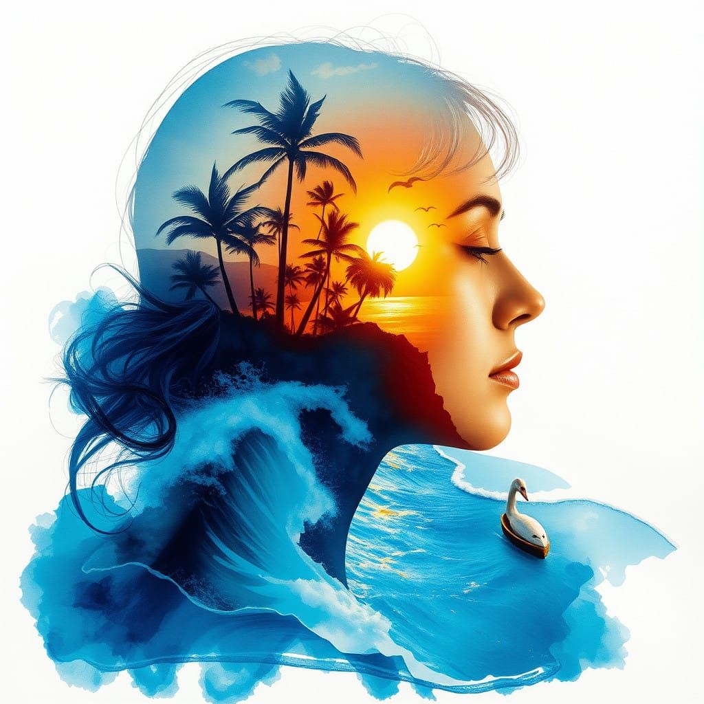 Surreal Double Exposure Painting Blends Woman with Ocean Lan...