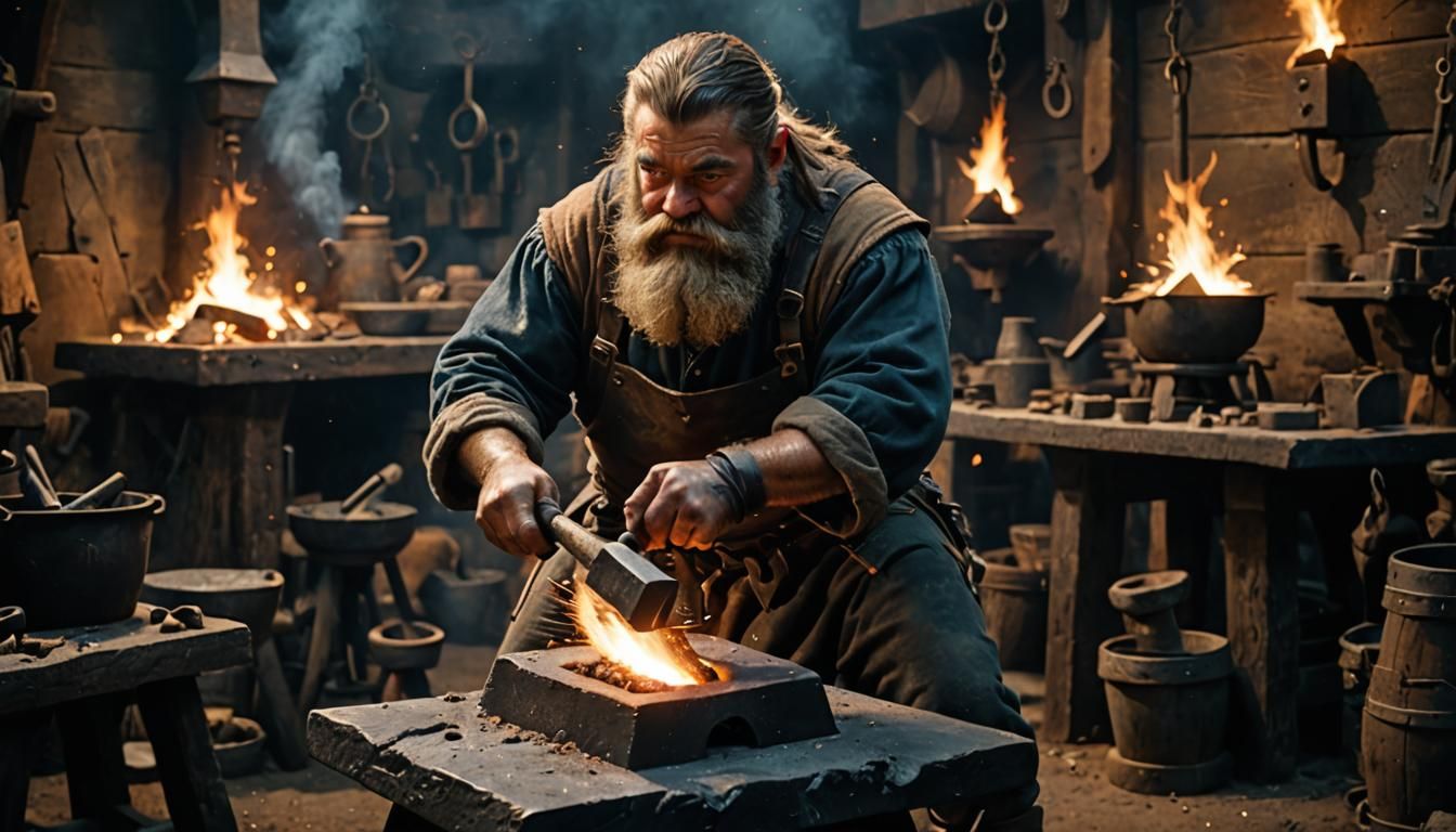 Dwarf Blacksmith Forging on Anvil in Cinematic Style