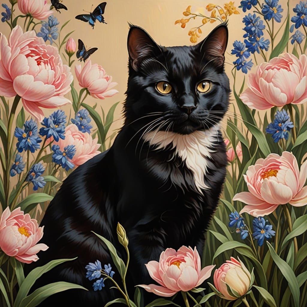 Black Cat Surrounded by Flowers in Audubon Style