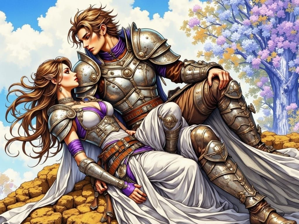 Armored Warriors in Romantic Embrace, Yoshitaka Amano Style