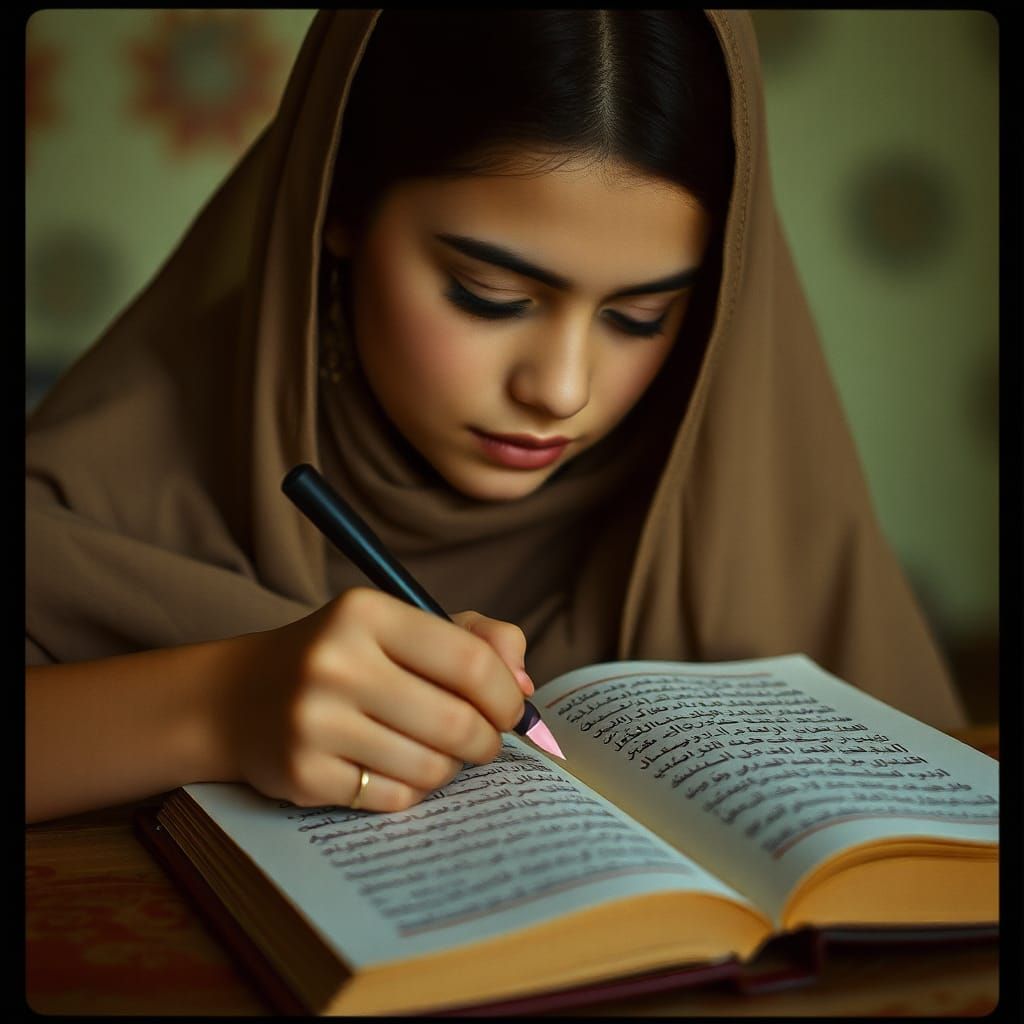 Girl Writes Name on Page with Cinematic Lighting