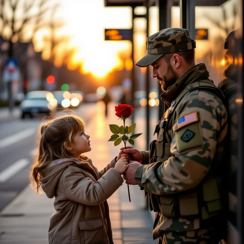 Child Offers Rose to Soldier at Sunset