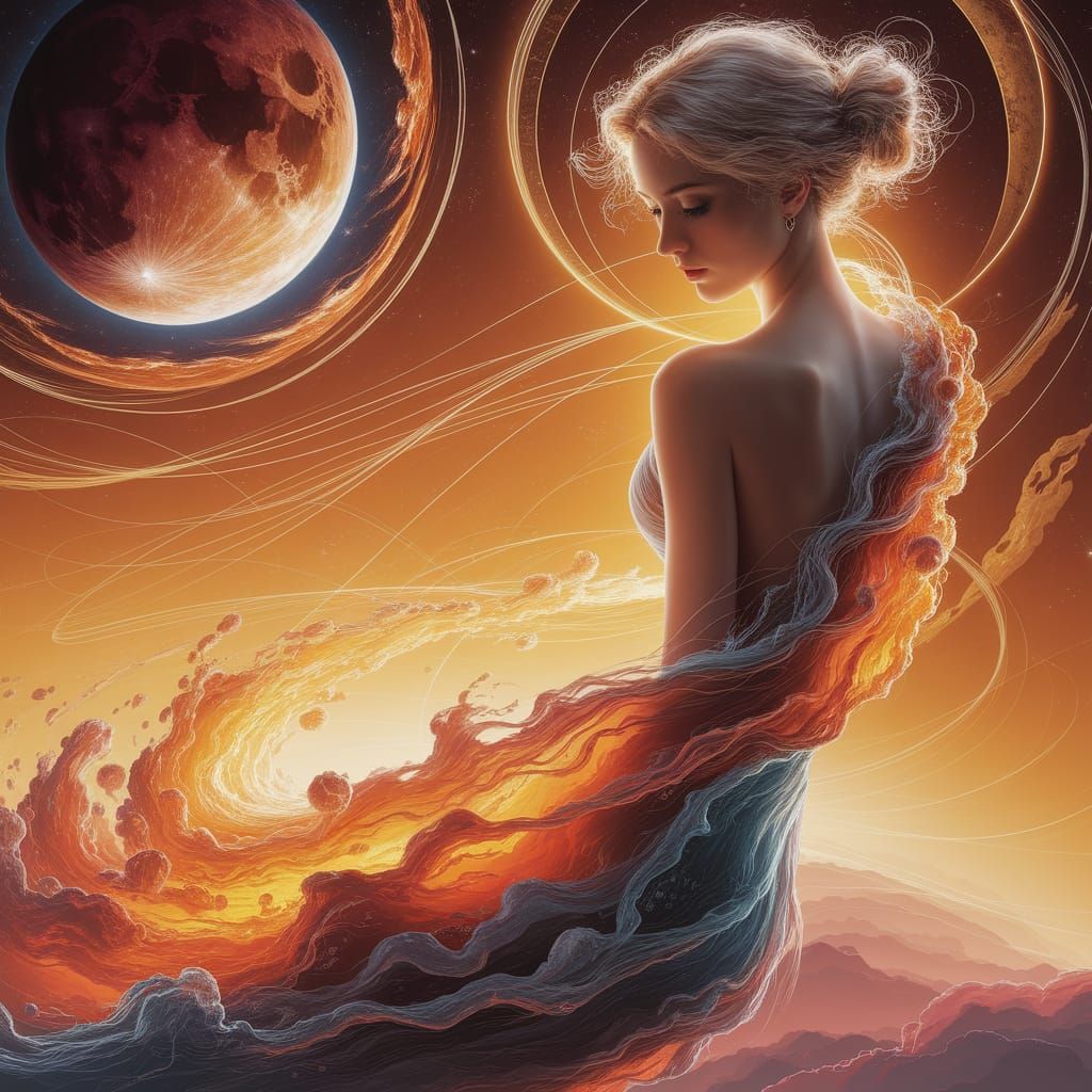 Ethereal Figure Merges with Celestial Landscape in Art Nouve...