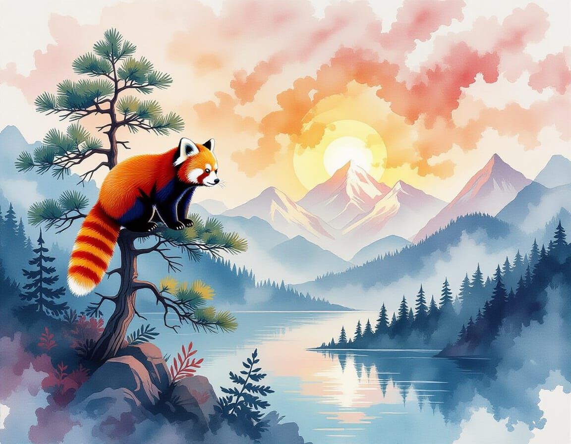 Red Panda by Lake in Maximalist Mountain Landscape, Watercol...