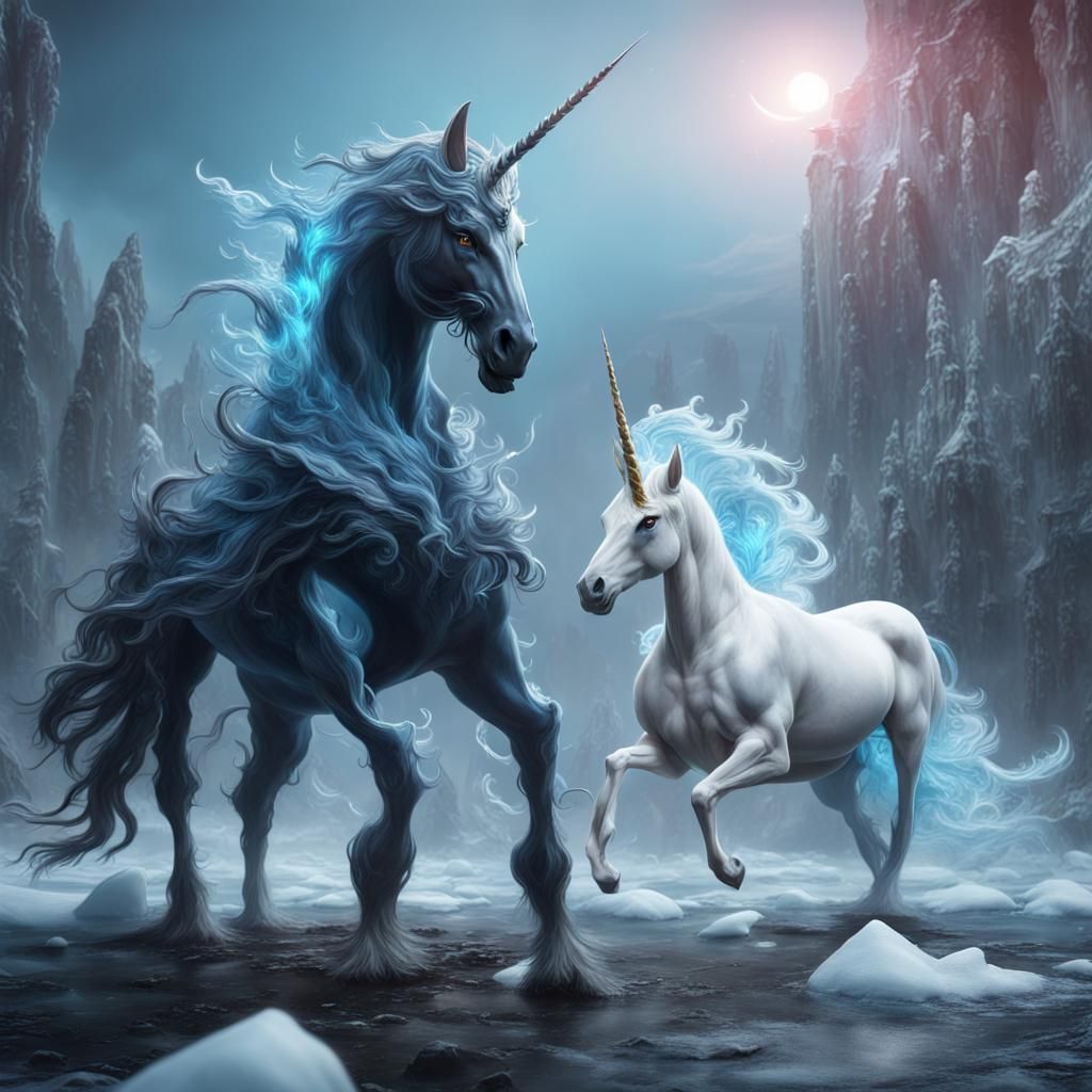 Unicorn and Ice Devil Ghost in Detailed Matte Painting
