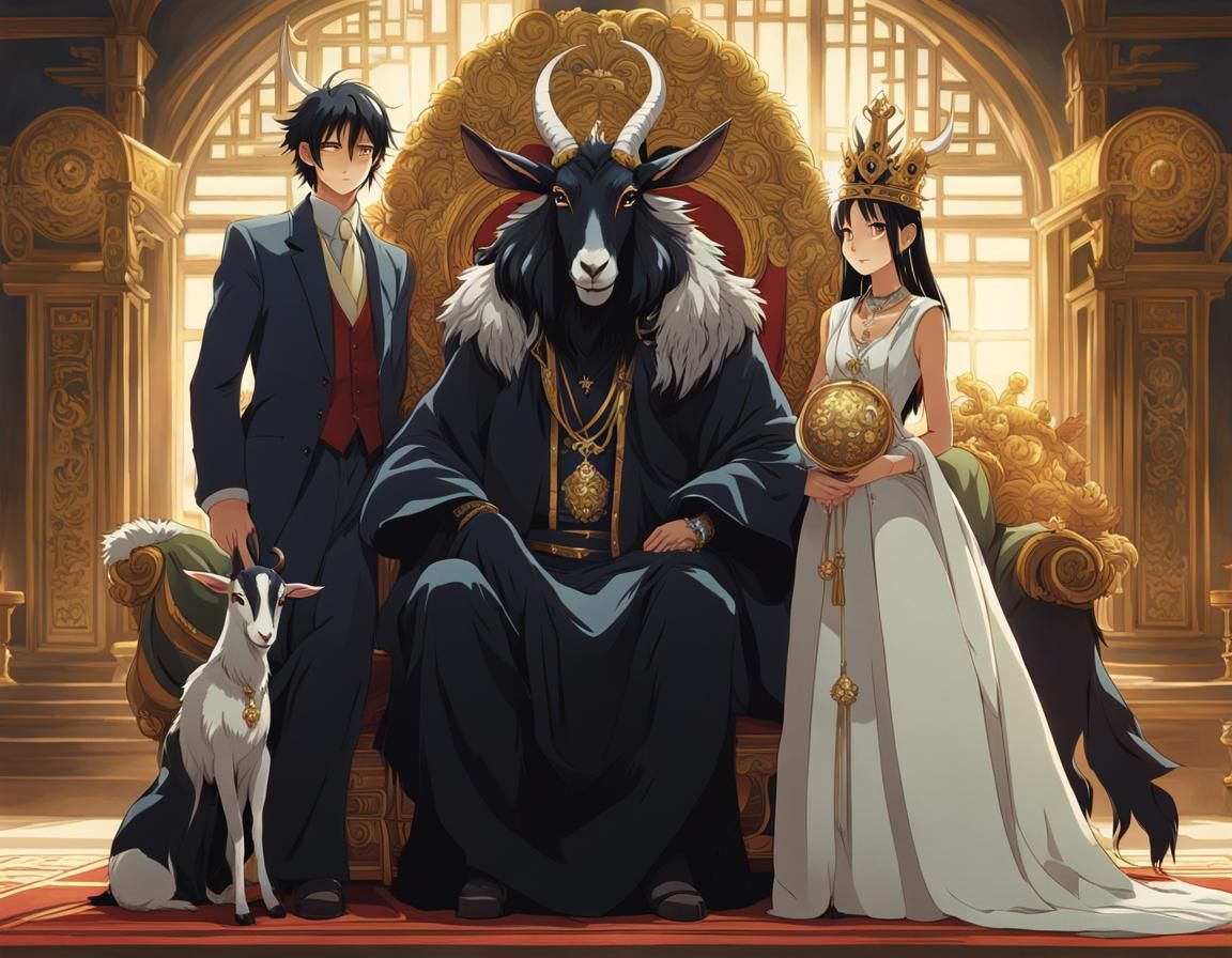 Black Goat with King and Queen: Ghibli-Style Illustration