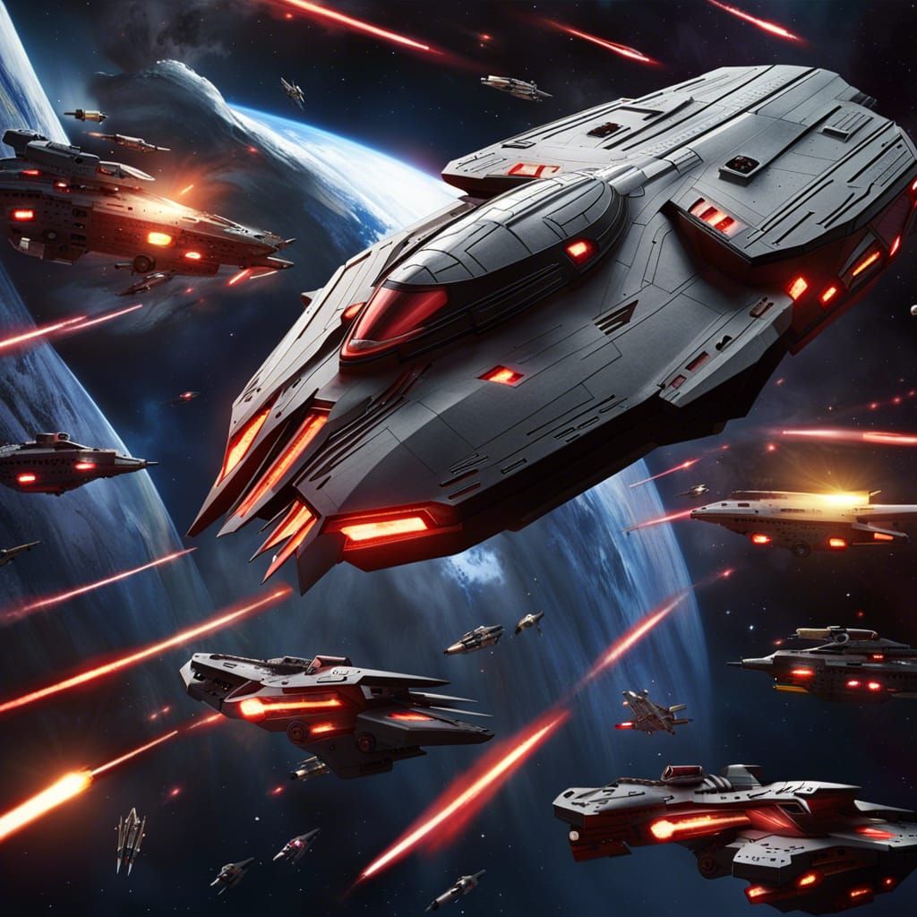 Battlestar Engages Cylon Basestar in Space Battle