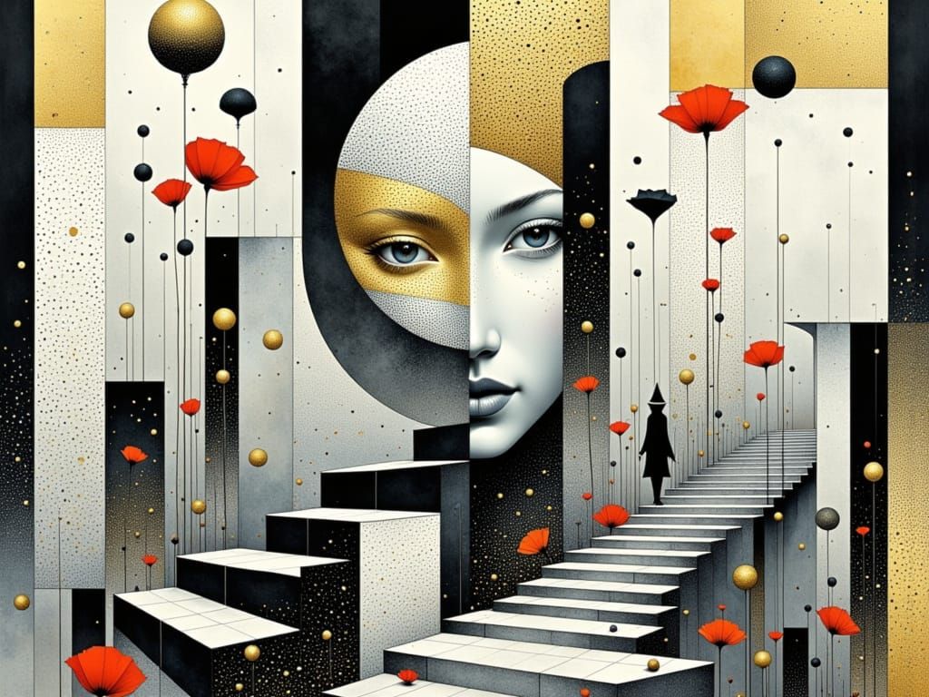 Surreal Carnival Scene in M.C. Escher and Klimt-Inspired Aes...